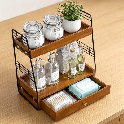 Slim 2-Tier Bathroom Counter Organizer With Built-In Drawer, Vanity Countertop Storage Shelf For Skincare, Toiletries And Bathroom Essentials