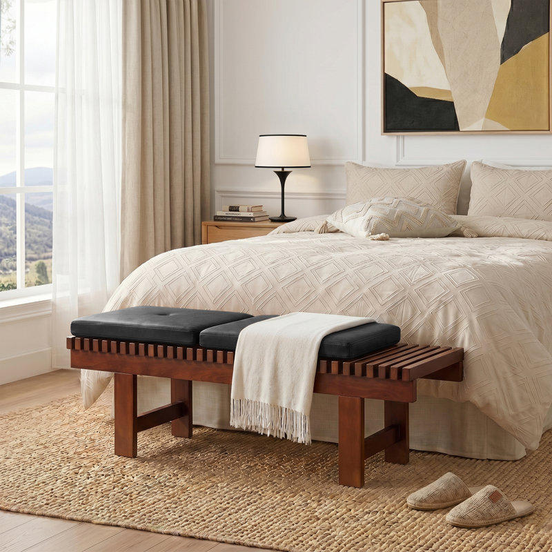 Banc en lattes de bois massif Mid-Century 59,5 po Okaboji avec 2 coussins amovibles, Noir