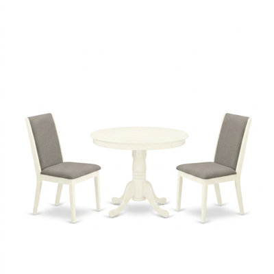 Ensemble de cuisine 3 pièces en bois d'hévéa asiatique blanc lin avec piédestal rond et 2 chaises Parson rembourrées en tissu lin Shitake pour petits espaces