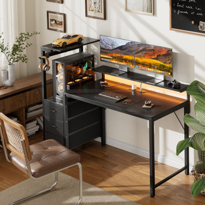 Gaming Desk with LED Lights, Home Office Desk with Built-in Power Outlets, USB Charging, Storage Drawers, Modern Computer Desk with Monitor Stand, PC Tower Stand & Headphone Hook, Black