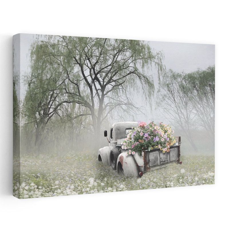 Art rétro contemporain de paysage de camion de fleurs rétro, H 32 po x l 48 po