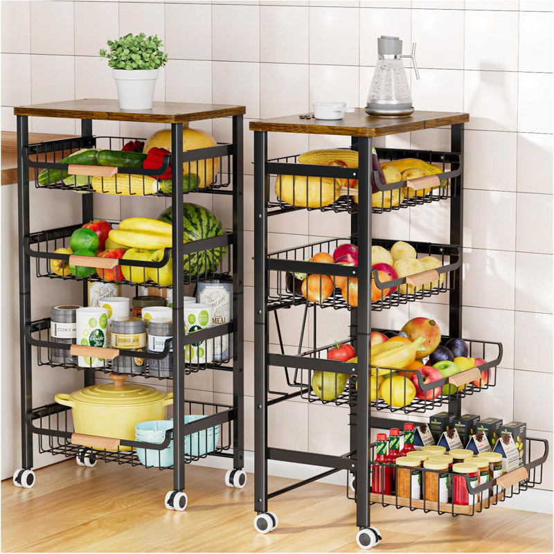 5-Tier Rolling Storage Cart with Wheels, Large Capacity Kitchen Cart, Mobile Utility Cart with Wooden Tabletop and Mesh Baskets, Bathroom, Laundry Room