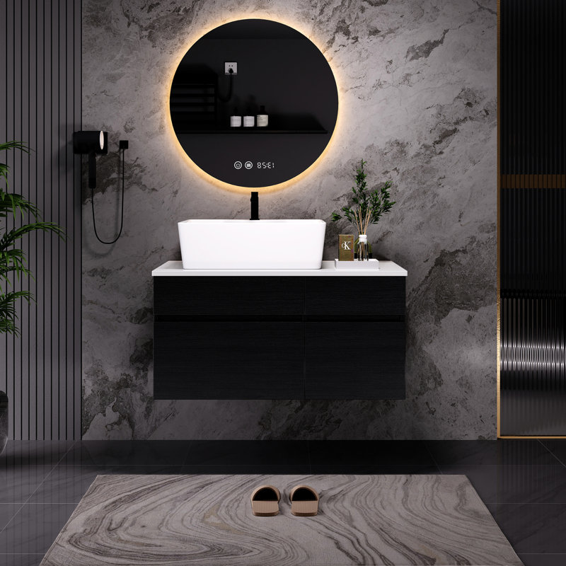 Meuble-lavabo flottant mural de 31,5 po, lavabo vasque en céramique, placage de film de polymère en pierre d'ingénierie, meuble-lavabo pour cosmétiques avec pierre, tiroir à fermeture en douceur et armoires à charnière silencieuse