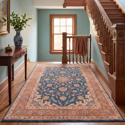 Tapis Kingsley traditionnel surteint uni bleu sarcelle, or et crème, antidérapant, à poils courts, pour intérieur et extérieur, adapté aux animaux domestiques, salon, chambre, salle à manger, entrée, couloir, bureau, lavable