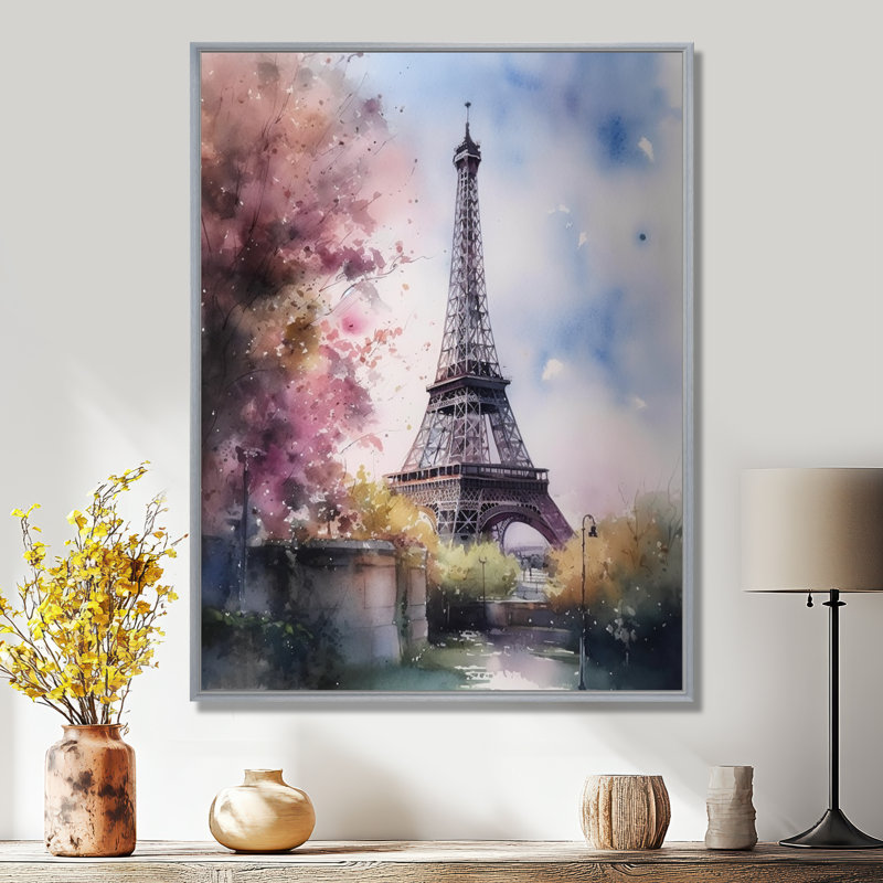 «Beautiful Eiffel Tower In Paris V», art sur toile Paris, H 32 po x l 16 po x P 1 po, Encadrement argenté