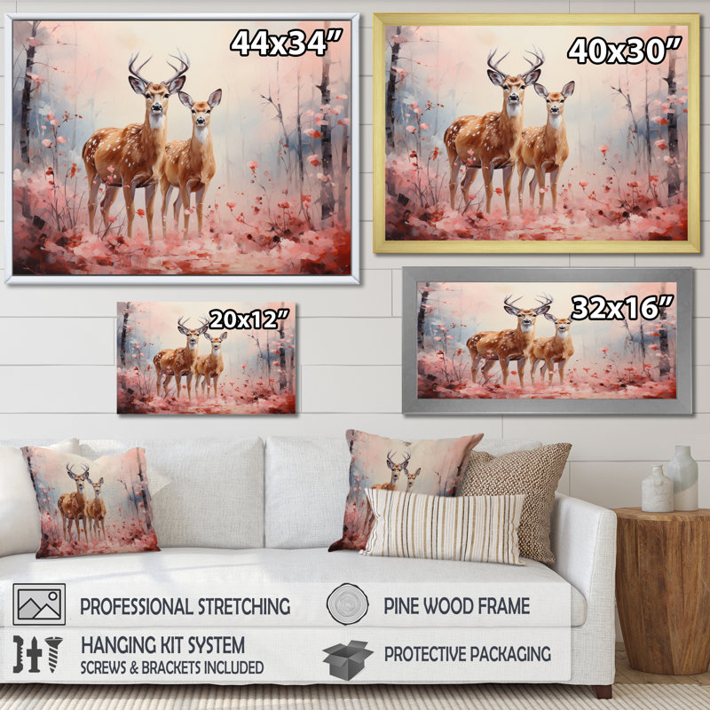 «Pink Deer Gentle Wilderness II», reproduction d'art sur toile, H 30 po x l 40 po x P 1,5 po, Cadre flottant noir