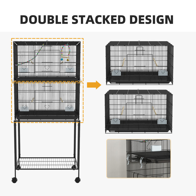 PawHut Double Stackable Bird Cage with Stand, Wooden Swing, Rope Ladder & Wheels for Canaries, Lovebirds Finches, Budgie Cage with Storage Shelf, Removable Tray, Wooden Perches & Food Containers
