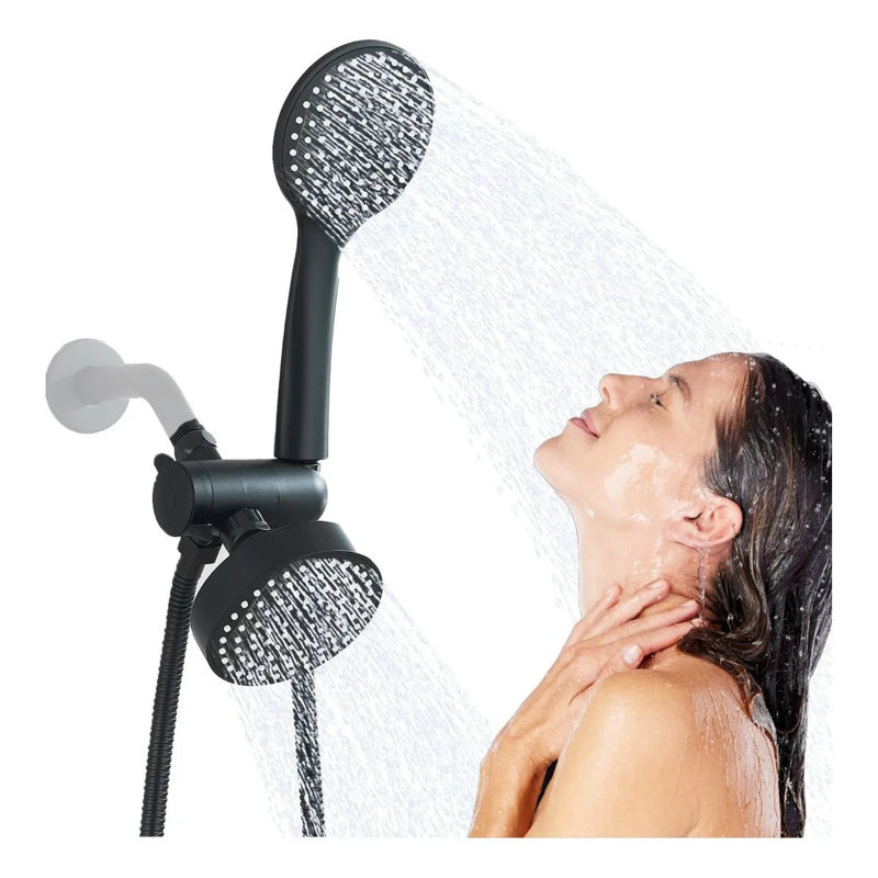 Ensemble de pomme de douche à pluie noire matte de 4 pouces, double pomme de douche murale avec tuyau flexible en acier inoxydable de 150 cm, sans bras de douche