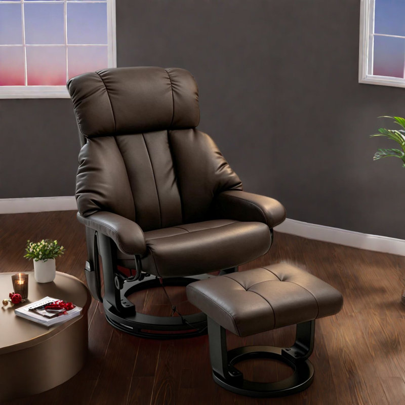 Fauteuils de massage pivotants avec repose-pieds, revêtement en cuir PU, base en bois, style cinéma moderne, Brun