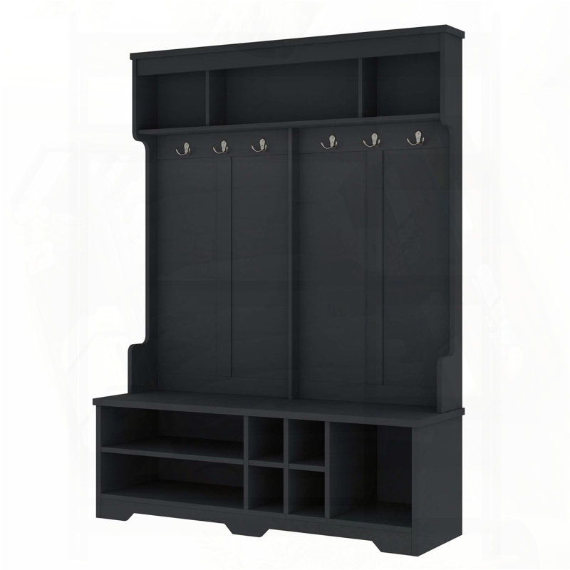 Modern Hallway Hall Tree with 6 Hooks and Shoe Cubbies, Black