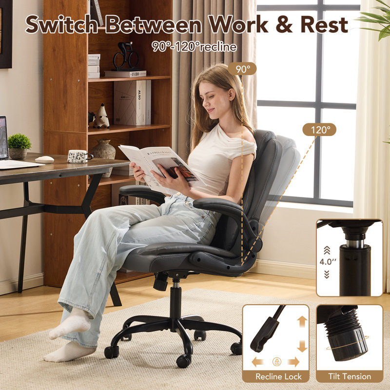 Chaise de bureau ergonomique en cuir - Chaise de bureau pivotante avec accoudoirs rabattables et support pour le dos, Gris
