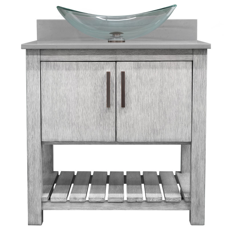 Meuble-lavabo de 36 po avec comptoir en quartz, lavabo en verre et quincaillerie, Bronze frotté à l'huile