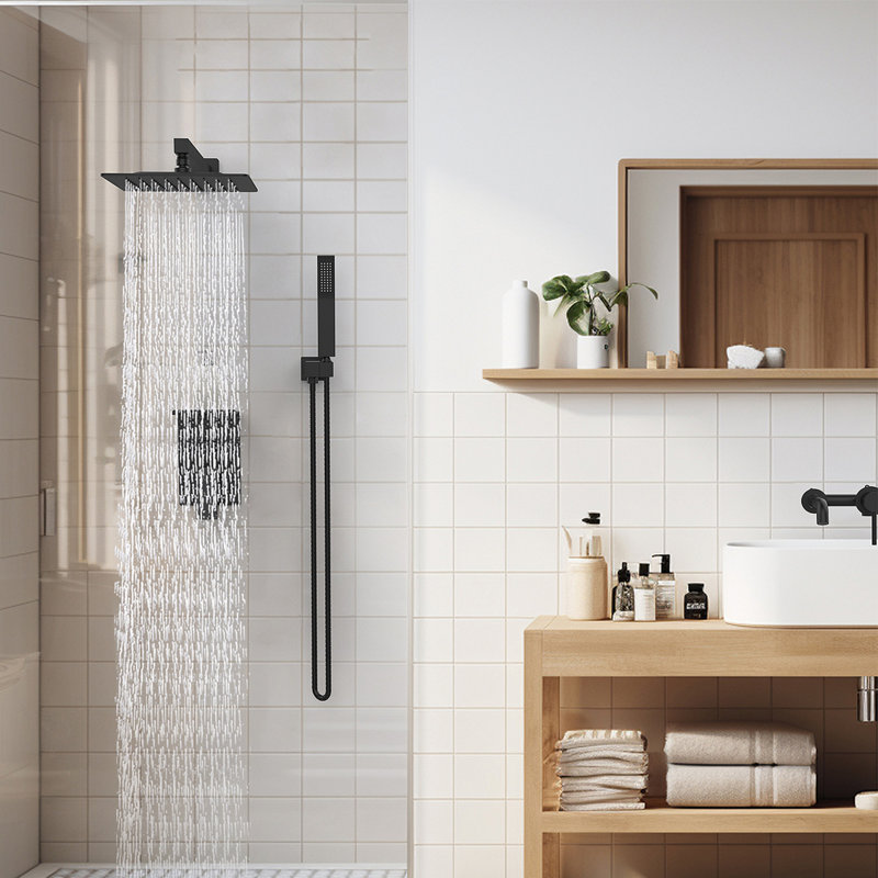Système de douche à pluie avec support de rangement Ensemble de robinet de douche 10 pouces à haute pression avec pomme de douche carrée