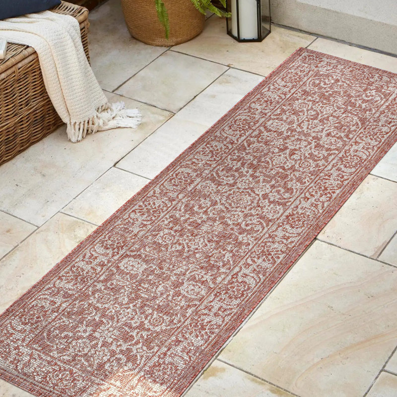 Leonora Bohemian Textured Weave Floral Red/Taupe Indoor/Outdoor Rug, Runner 2'2" x 8'