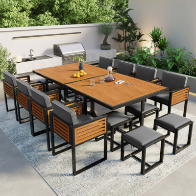 Ensemble de salle à manger 18 pièces pour patio en bois d'acacia, mobilier d'extérieur peu encombrant avec 8 chaises rembourrées, 8 repose-pieds et 2 tables carrées pour la cour, le jardin, la terrasse et le bord de la piscine