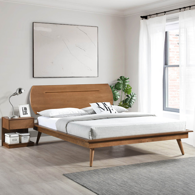 Lit plateforme double avec tête de lit ovale arrondie en bois et brun composite pour adultes, Lit double