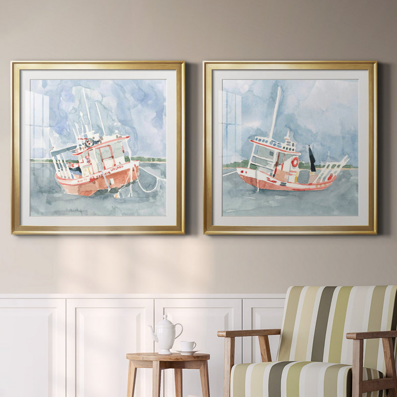 Bateau de pêche lumineux I Bateau de pêche lumineux I - impression 2 pièces, Papier encadré doré, Blanc