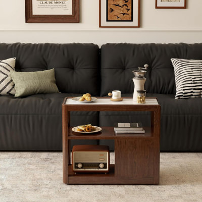 26.7"W Solid Cherry Assembled Mobile End Table with Sintered Stone Tabletop,Storage Shelve,Drawer,Wheels
