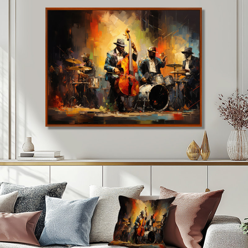 Beira Yellow Orange Jazz Band - Print On Canvas, 16" H x 32" W, Floater Framed Print, Brown