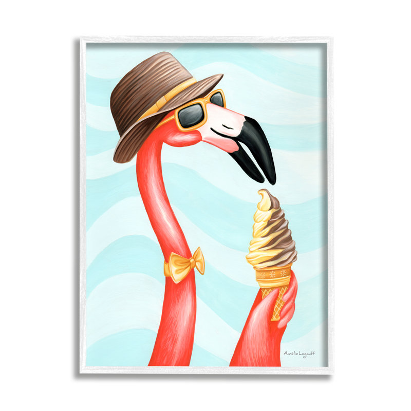 Dapper Flamingo Summertime Ice Cream Cone, L 16 po x H 20 po, Giclée encadrée blanc bord de mer