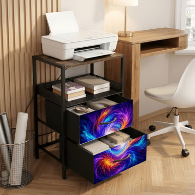 Table de chevet 2 tiroirs avec station de charge, table de chevet pour chambre avec ports USB et amp; Outlets, tablette ouverte noire, table de chevet avec imprimé galaxie aux couleurs vives et dégradées
