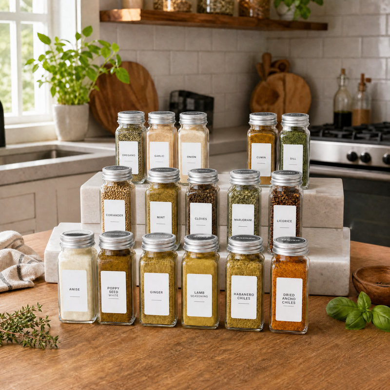24 Pack 4oz Empty Glass Spice Jars with Labels, Minimalist Farmhouse Stickers & Funnel, Seasoning Containers for Rack, Cabinet & Drawer