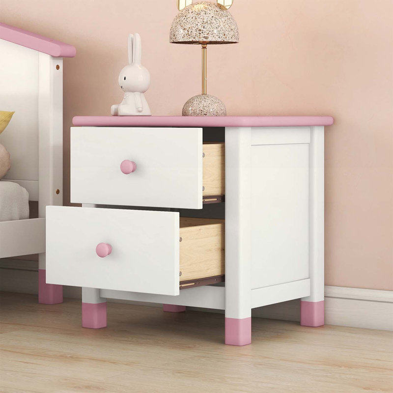 Charmante table de chevet en bois avec deux tiroirs, peu encombrante et au design mignon, Rose/Blanc