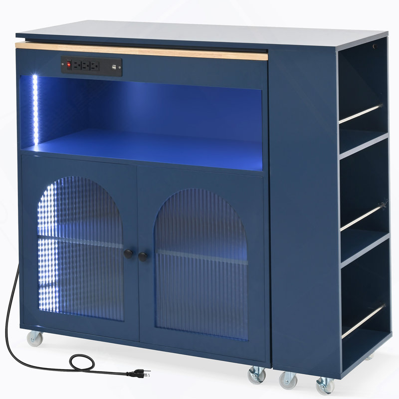 Kitchen Island On Wheels With LED Lights,Power Outlets And 2 Fluted Glass Doors, Blue
