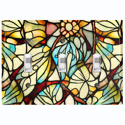 Metal Light Switch Plate Outlet Cover (Yellow Glass Tile Flower Print - Triple Toggle)