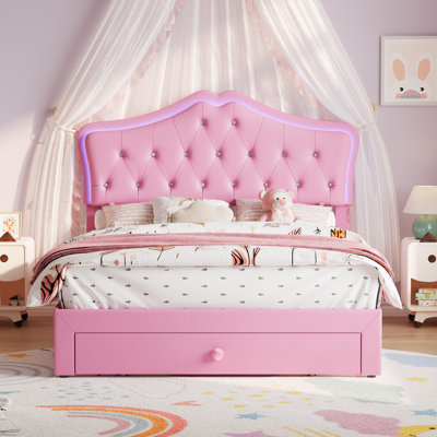 Structure de lit pleine grandeur rose avec lumières DEL et tête de lit capitonnée en cristal, lit plateforme tapissier avec tiroir de rangement, lattes silencieuses pour enfants et adolescents