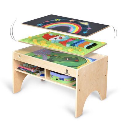 KRAND Kids Activity Table with 4-Compartment, Building Table for Boys & Girls, Toddler 3-in-1 Play Table Compatible with Major Blocks and Train Track Set
