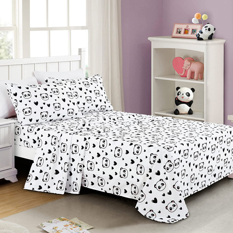 Fun Kids Teens Microfiber Sheet Set, Full Sheet Set with 2 Pillowcases, White Panda