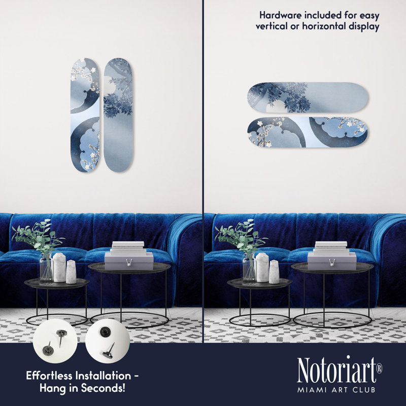 Art mural japonais en acrylique Skateboard par Notoriart, 8 x 32, cerise bleue II, Blue Cherry II
