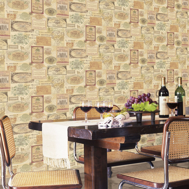 Kitchen Recipes Wine Labels 32.8' L x 21" W Wallpaper Roll, Brown