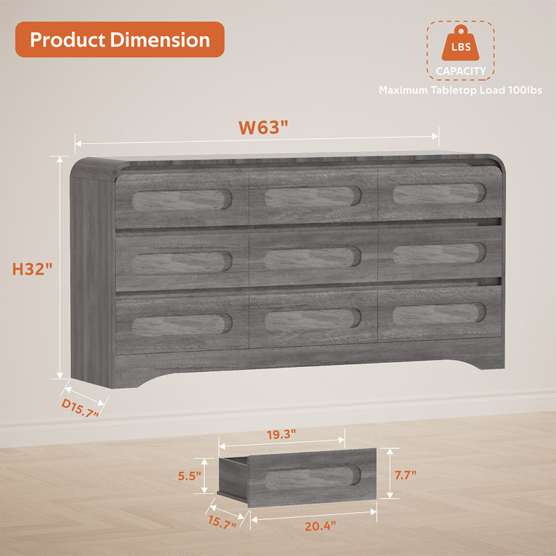 Dresser For Bedroom With 9 Drawers, 63" Largemodern Dressers & Chest Of Drawers Withcurved Profile Design, Wood Closet Clothesstorage Long Dressers Organizer For Bedroomliving Room Hallway,grey