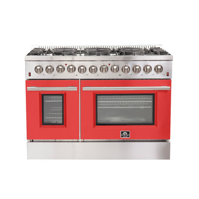 Forno Galiano 48" Dual Fuel Range in white, black, blue or red, 107,000 BTU, 6.58 cu.ft. Double Ovens & Griddle