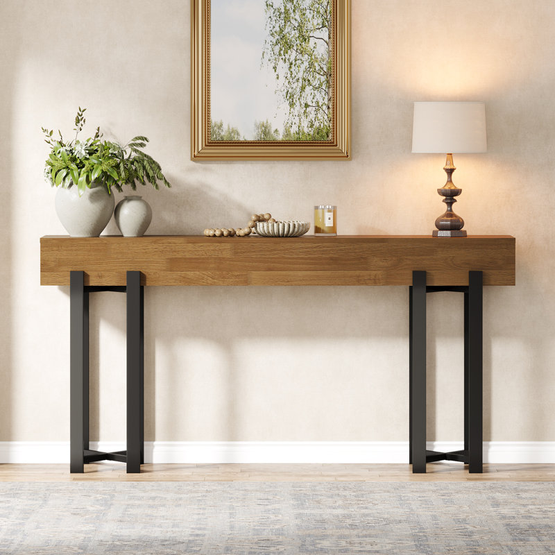 62.99" Long Console Table For Entryway, Industrial Wooden Sofa Table With Sturdy Metal Legs For Hallway, Living Room, Entrance