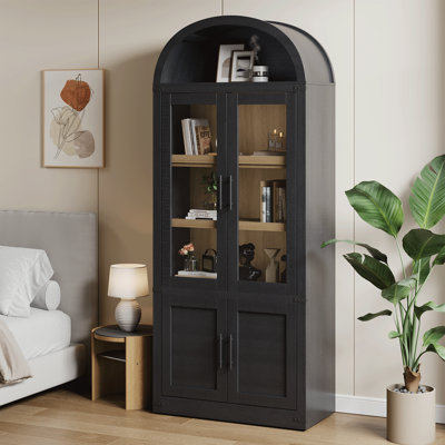 Armoire arquée de 72 po de hauteur, vitrine de style campagne moderne en bois avec tiroir et portes en verre / bois, bibliothèque à 5 niveaux avec tablettes pour le salon et le bureau