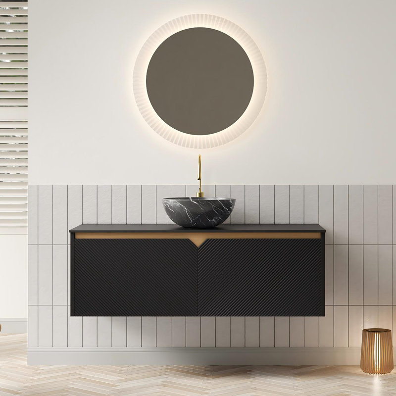Meuble-lavabo flottant 48 po avec lavabo vasque en pierre noire, plateau en pierre frittée et portes sculptées en sergé - fini noir mat