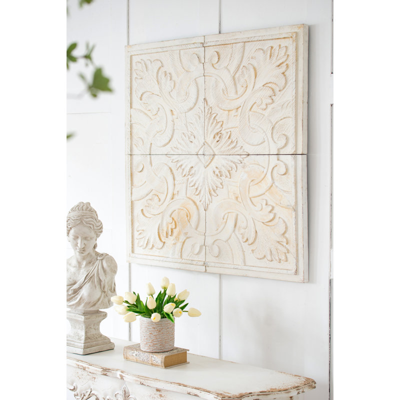 100% Fir Wood Distressed Wall Panels 17.5X17.5", White-Wash Finish, Medallion For Various Interior Designs Intricate
