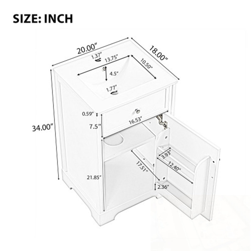 Meuble-lavabo de salle de bain avec lavabo, porte à fermeture douce, support de rangement et tablette réglable, Gris