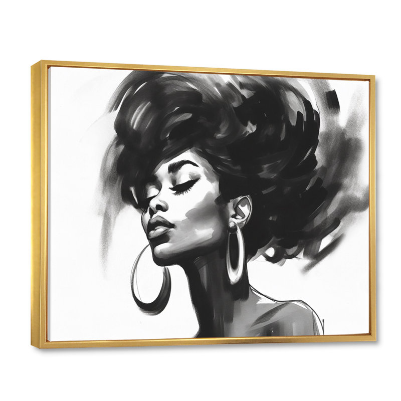 Noir et blanc femme afro-américaine III - art mural femme, Cadre flottant doré, H 34 po x l 44 po x P 1,5 po