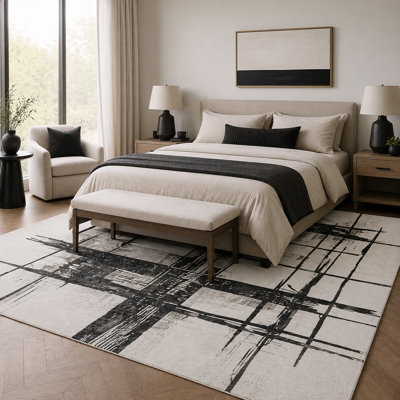 Abstract Non-Slip Machine Washable Modern Area Rug in Black/White for Living Room, Bedroom, Hallway Runner Indoor Rugs