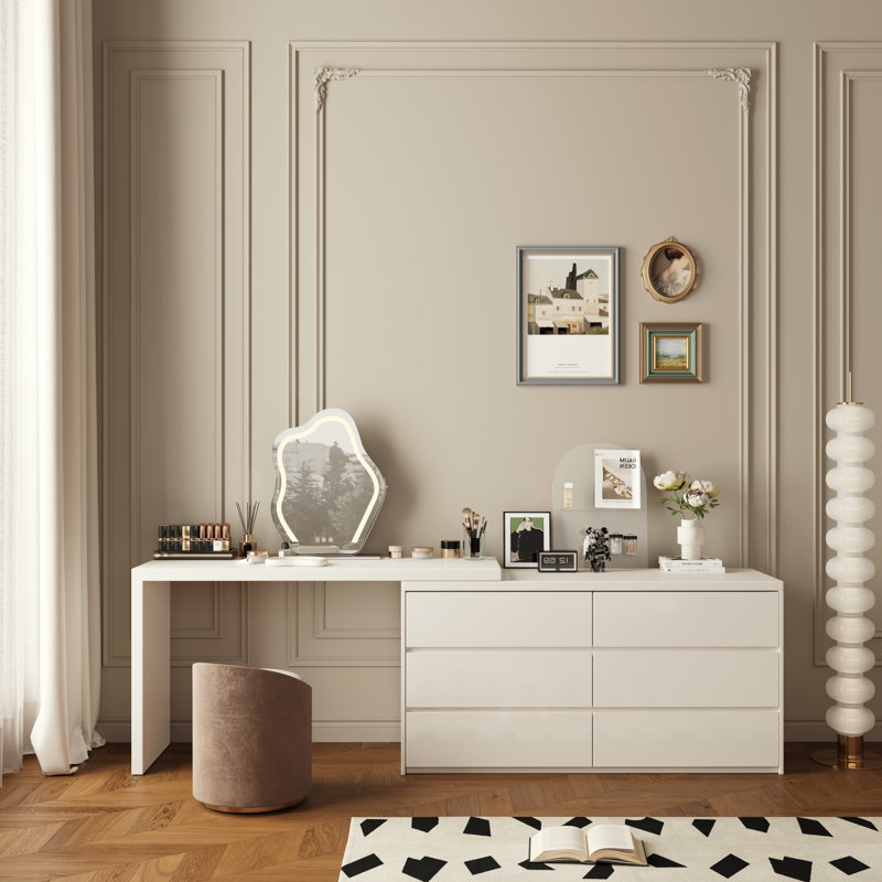 Zohair No Assembly Required Extendable Makeup Table With 6-Drawers, Cream