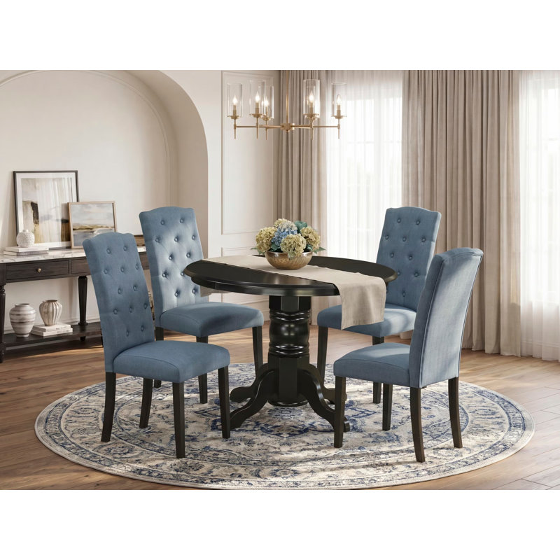 5 Piece Dinette Set for 4 Includes a Round Kitchen Table with Pedestal and 4 Mineral Blue Linen Fabric Parson Dining Chairs, Black