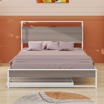 Metal Platform Bed Frame With Trundle, USB Ports And Slat Support
