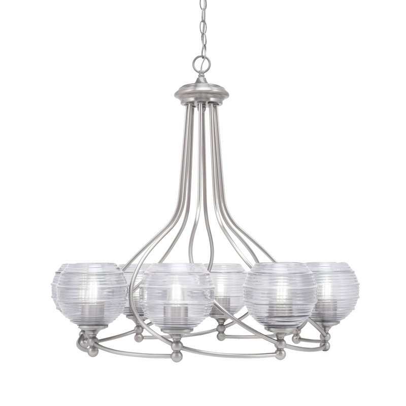 Lustre 8 lumières Sadea illustré avec verre de 6 po, Nickel brossé, Grainé transparent