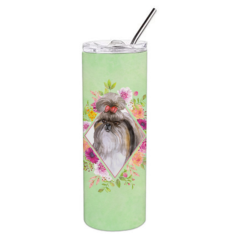 E23BF9F8391D466E9CA4F8DFEBD9A7DB de verre 20 oz à double paroi en acier inoxydable chiot, Shih Tzu Gris, Vert