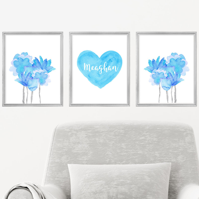 «Boho Flowers and Heart Art», ensemble de 3 impressions sur papier, H 10 po x l 8 po x P 0,06 po, Oui, Turquoise