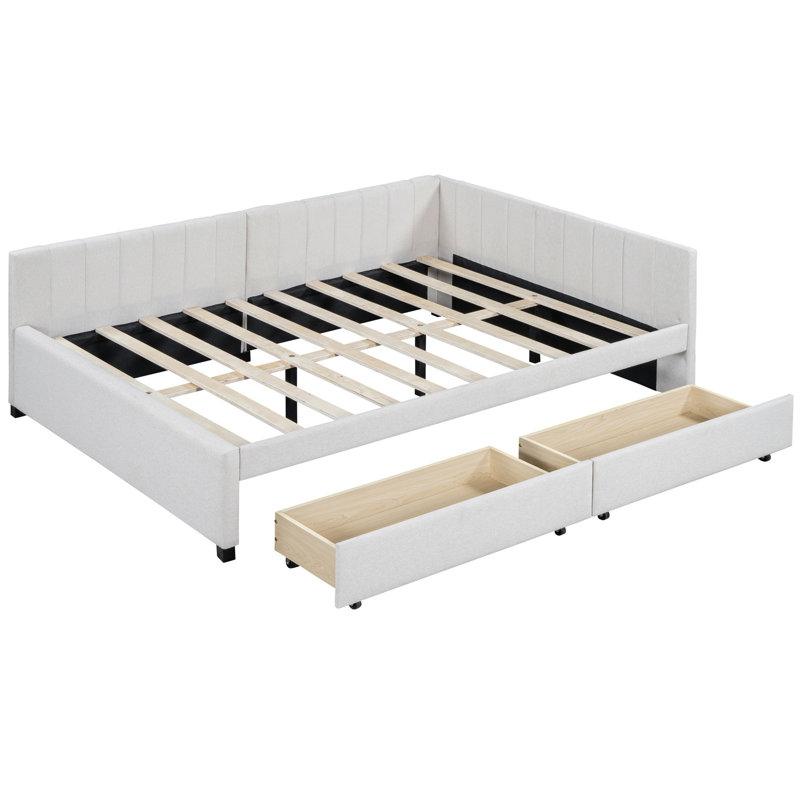 Lit de jour en lin beige avec 2 espaces de rangement, fabrication en bois robuste, compartiments sans sommier, revêtement, base solide, pour l'espace